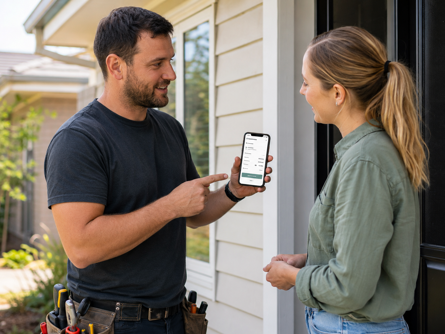 Tradie showing a quote to a customer at the front door
