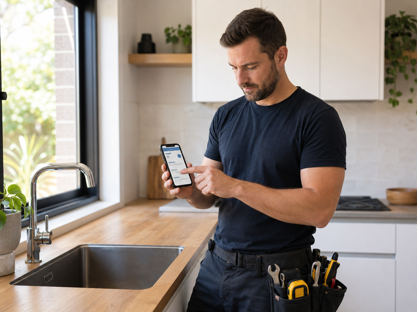 Tradie checking customer messages on his phone in a kitchen