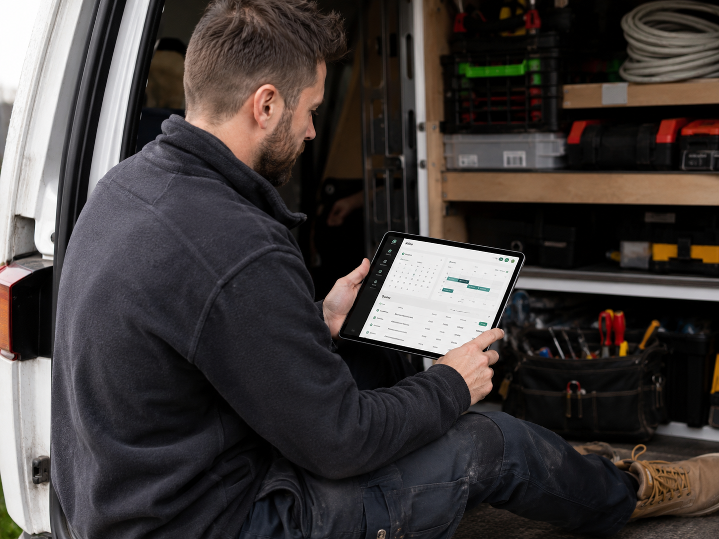 Tradie reviewing his pricing on a tablet from the van